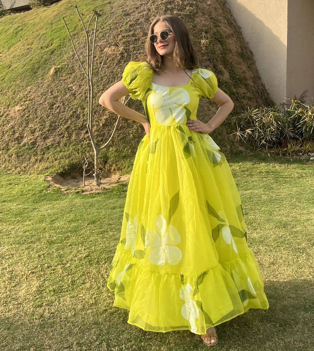 MK Neon Floral Maxi Organza Printed Designer Gown Catalog